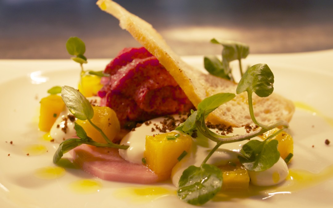 Whipped goat's cheese with textures of beetroot and gingerbread